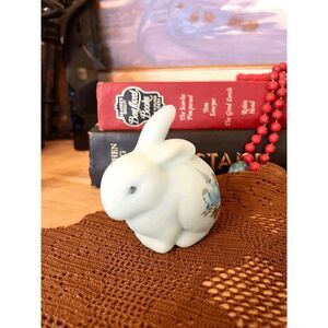 Vintage Fenton Satin Custard Blue Glass Bunny Figurine, Hand Painted Blue Floral